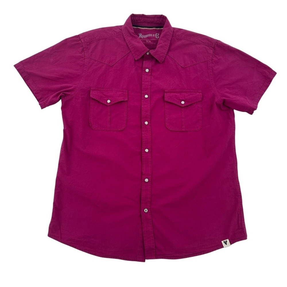 Roebuck & Co Magenta Pink Short Sleeve Western Pearl Snap Shirt Casual Men Large